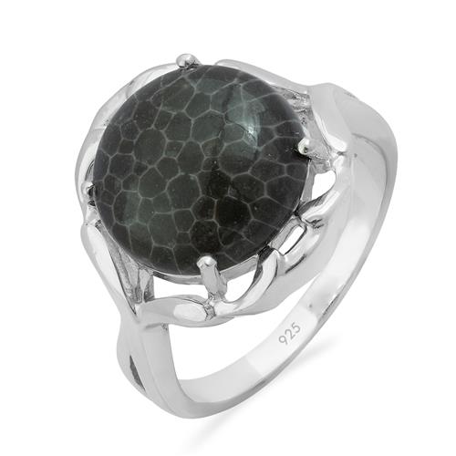 STERLING SILVER NATURAL BLACK CORAL SINGLE STONE RING 